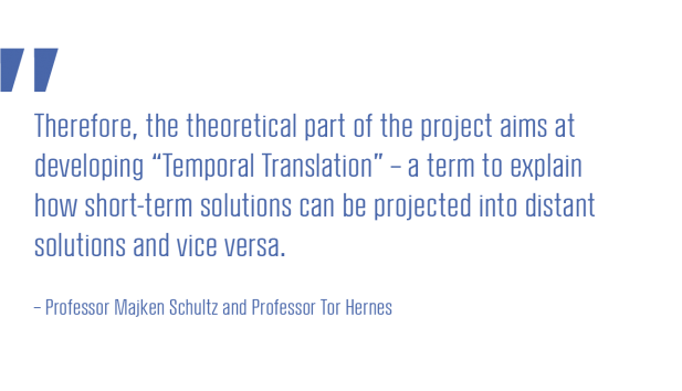 Therefore, the theoretical part of the project aims at developing “Temporal Translation” – a term to explain how short-term solutions can be projected into distant solutions and vice versa_Professor Majken Schultz and Professor Tor Hernes