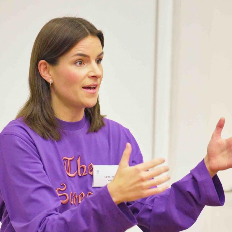 Signe Jensen speaking at Executive Education event, New management