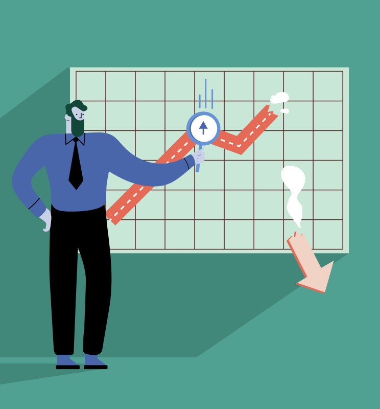 Man with magnifying glass zooming in on graph falling apart