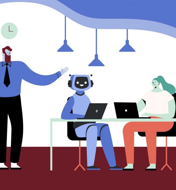 En leder taler til en medarbejder og robot der sidder omkring et bord