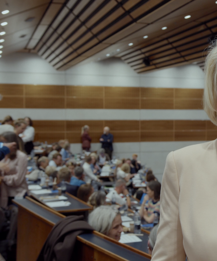 Mary Uhl-Bien speaking to camera during Leadership Event at CBS
