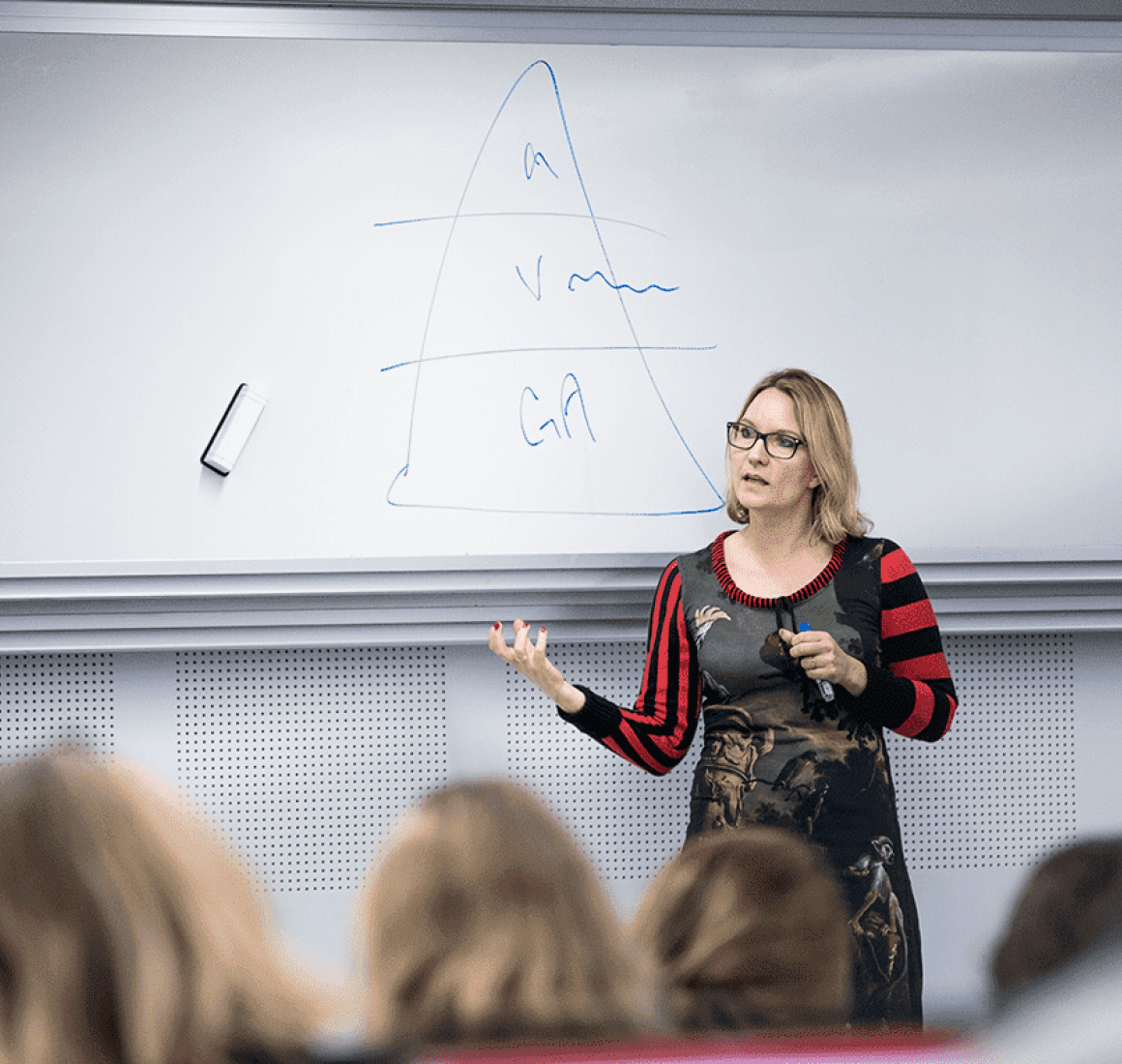 Professor ved Institut for Business Humaniora og Jura, Sara Louise Muhr underviser ved tavlen