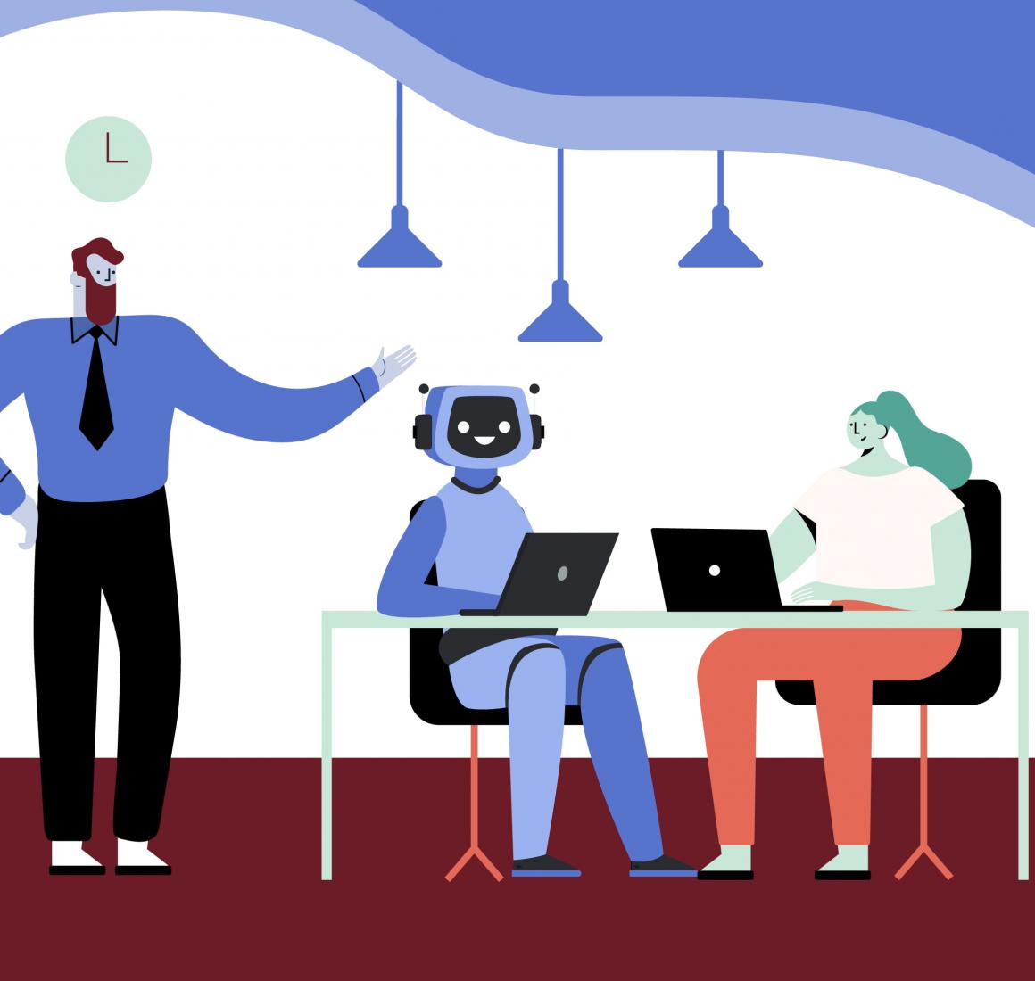 En leder taler til en medarbejder og robot der sidder omkring et bord