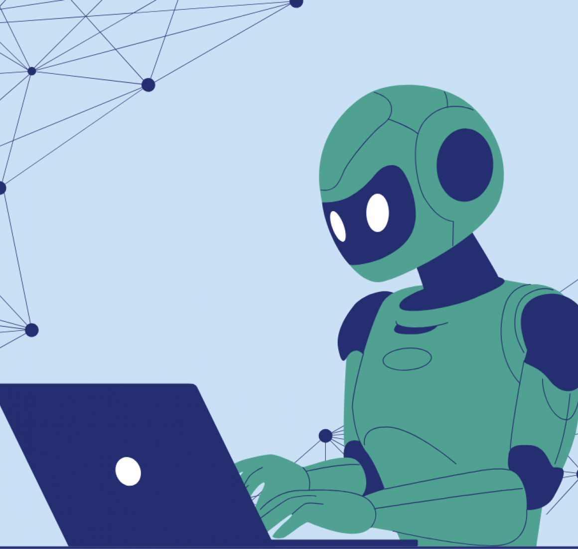 Illustration of robot working on a laptop