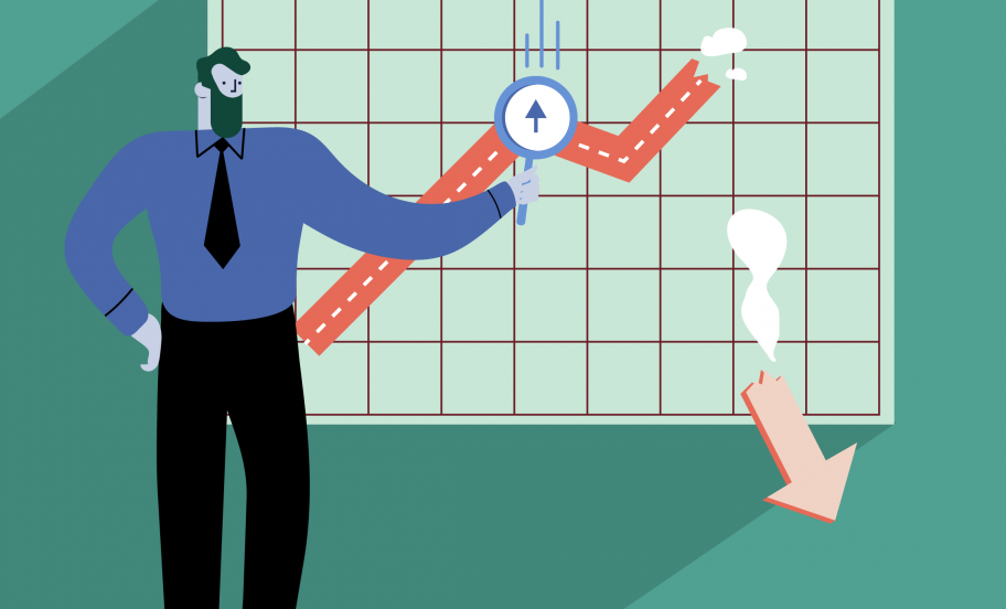 Man with magnifying glass zooming in on graph falling apart