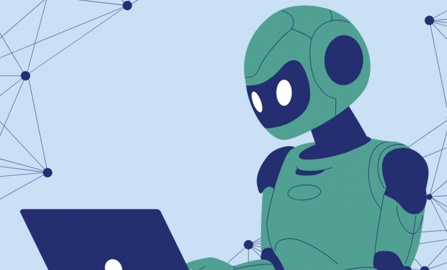 Illustration of robot working on a laptop