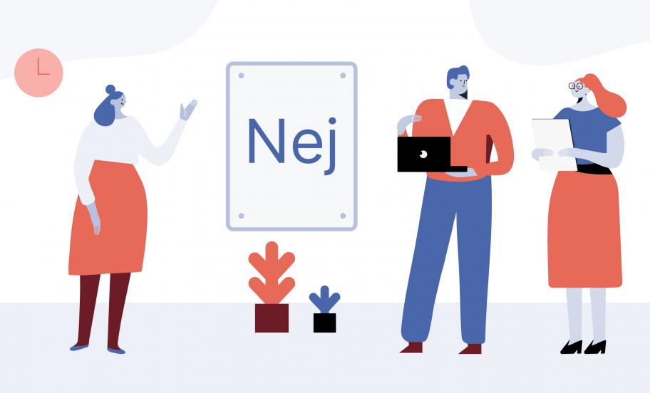 3 personer og et stort skilt med "Nej" på
