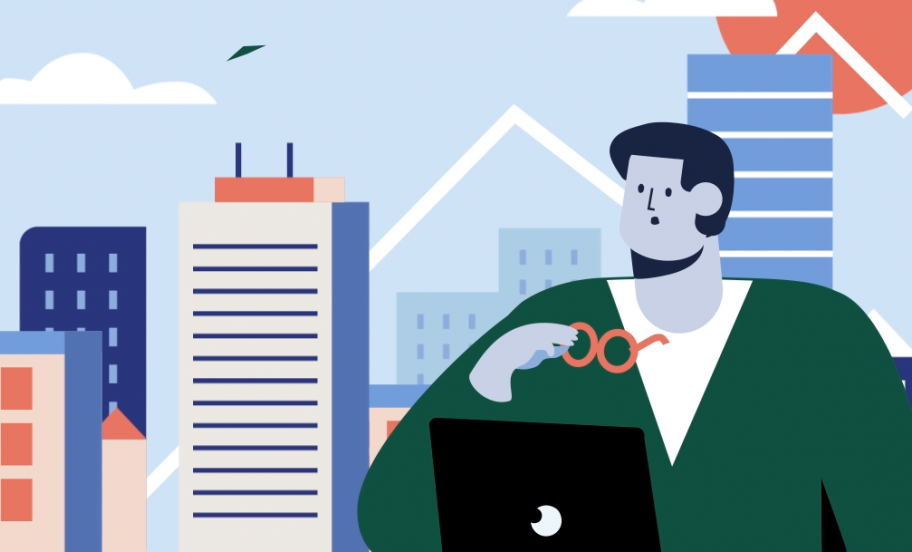 Man removing glasses to discover a city